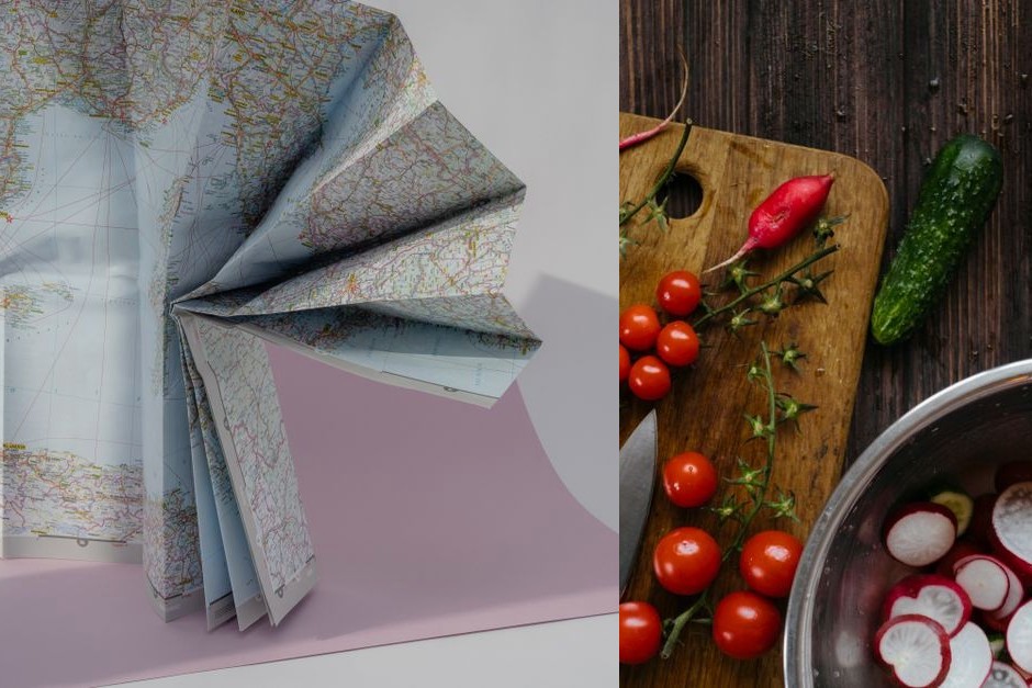 A lifestyle collage with a map and seasonal produce.